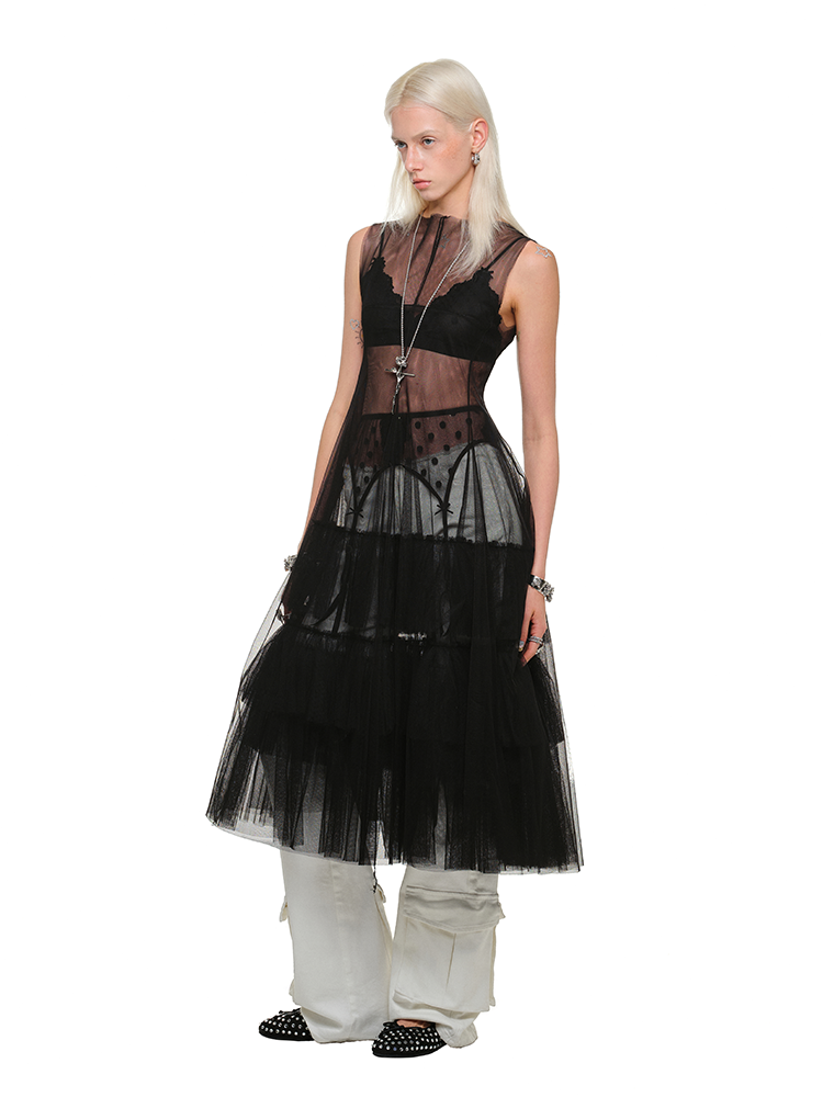 Sheer Layered Mesh Dress – Sleeveless Puffy Outer Skirt Look
