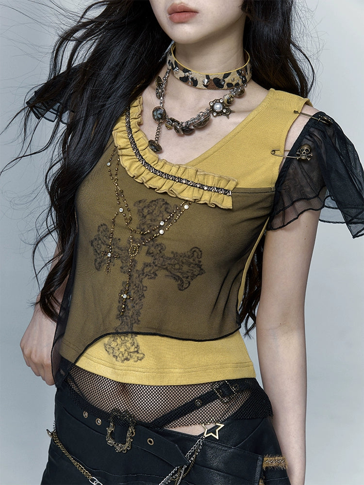 T-shirt asymétrique en strass en maille | Light Punk Rock Design