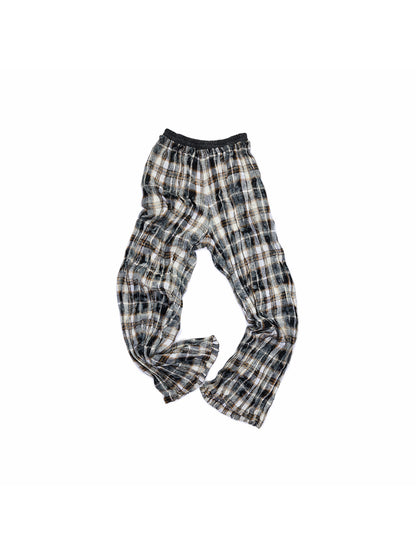 Plaid Ruched Waist Wide-Leg Cargo Pants