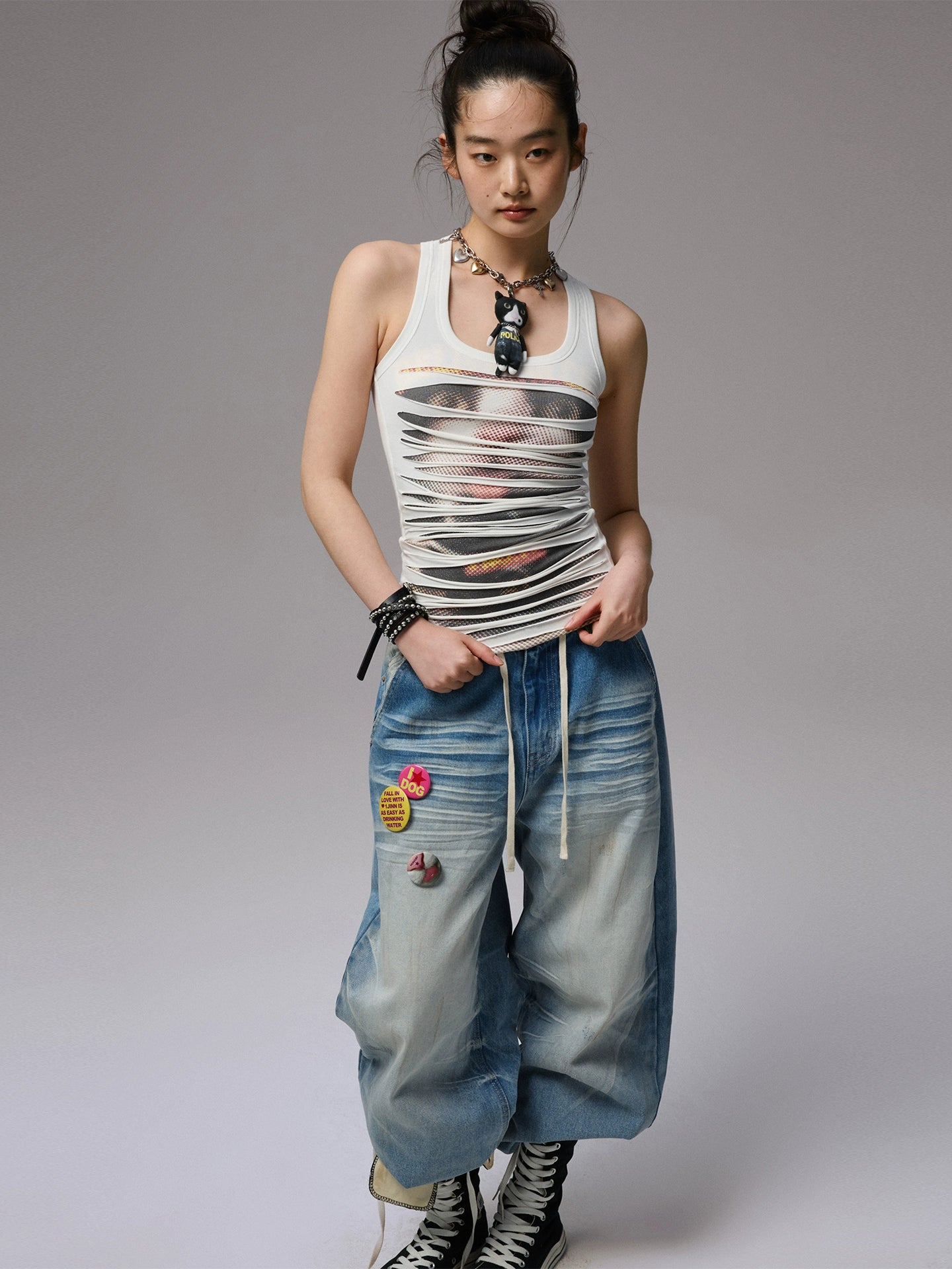 Cat Print Distressed Double-Layer Vest – Sleeveless Statement Top