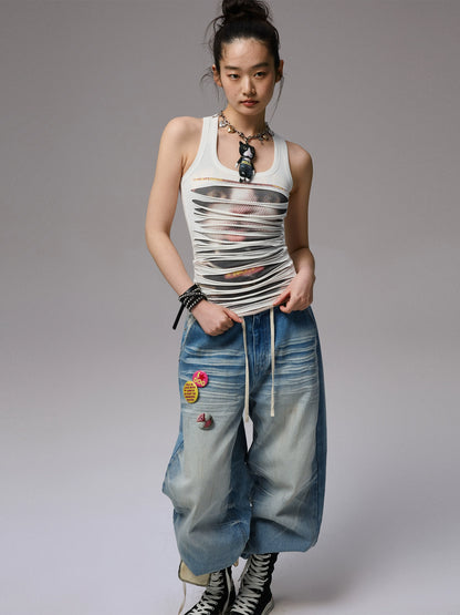 Cat Print Distressed Double-Layer Vest – Sleeveless Statement Top