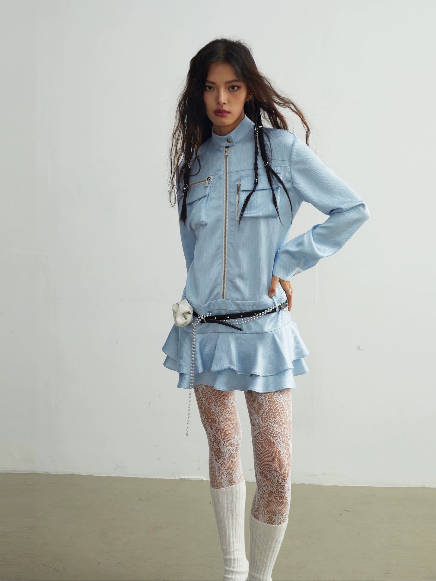 College Style Blue Satin Shirt Skirt