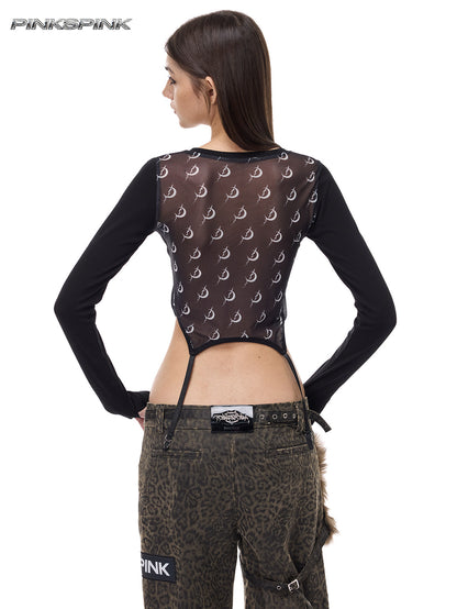 Electric Moon Patchwork Mesh Punk Y2K Base Layer Tee