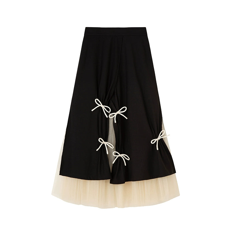 Contrast Bow Gauze - Mid-Length Skirt