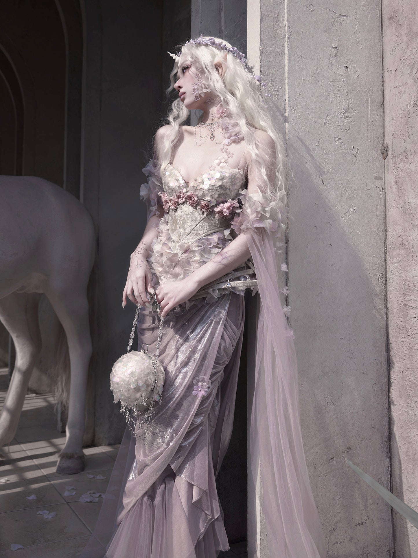 Silver Fairy Armor Dress Set | Elfcore Sparkle Fishtail Ensemble