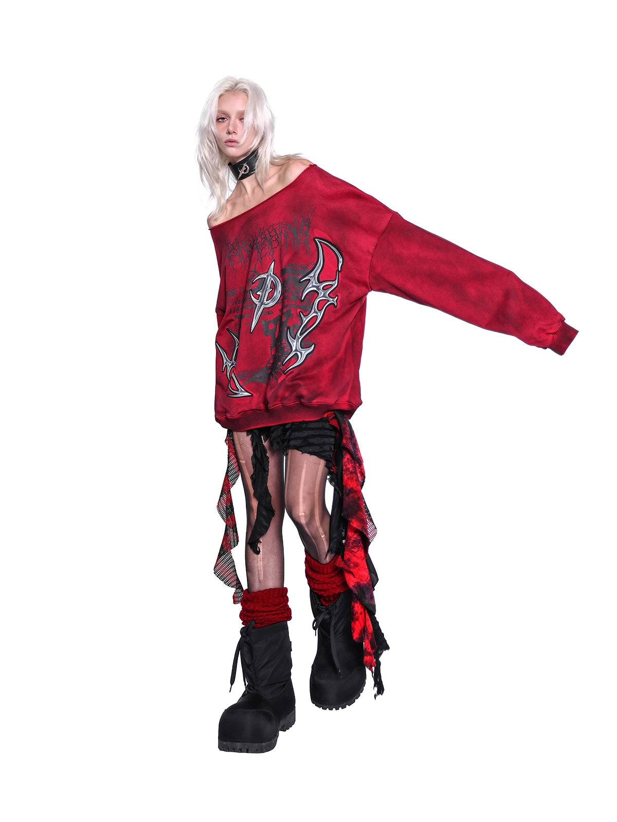 One-Shoulder 3D Embroidery Distressed Punk Y2K Sweatshirt