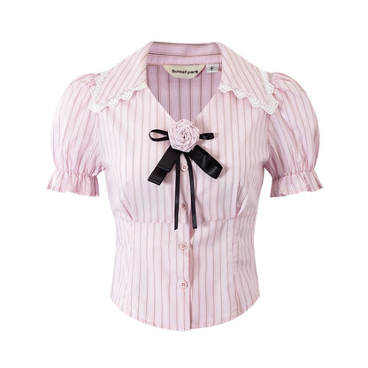 Stripe Rose Lace Short Sleeve Shirt