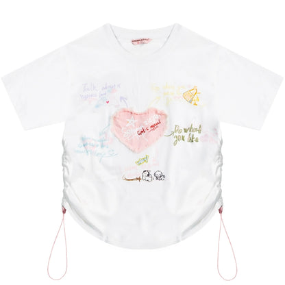 Love Patch Printed Drawstring T-shirt | Heavy Industry Round Neck Design for Summer