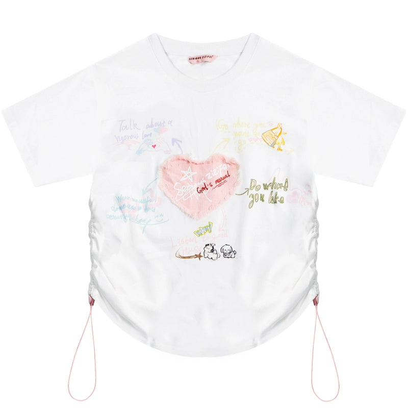 Love Patch Printed Drawstring T-shirt | Heavy Industry Round Neck Design for Summer