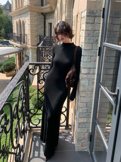 Blue Quiet Drape Knit Dress – Wine Noon Retro Autumn/Winter 2025 Edition