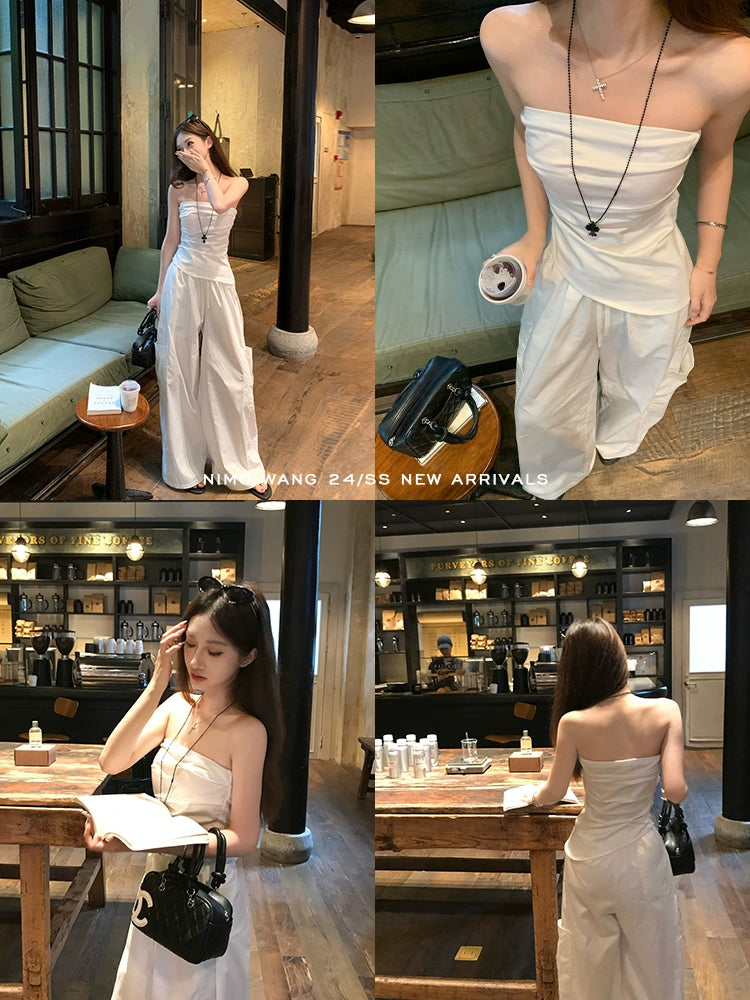 Goddess Strapless Cotton Top & White Work Pants Two-Piece Set