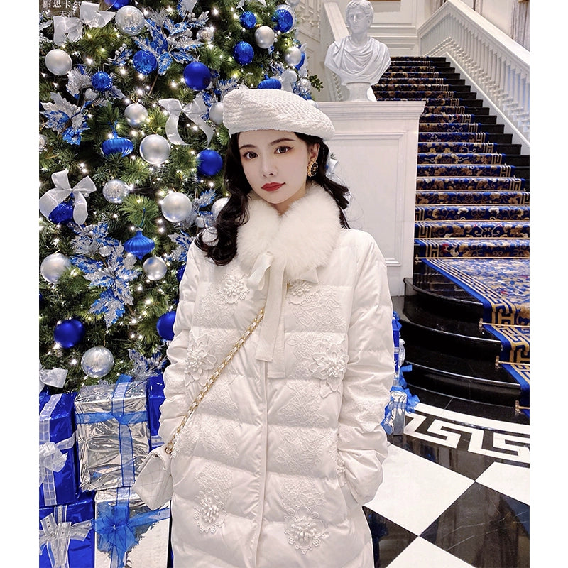 White Lace Embroidery Winter Down Coat