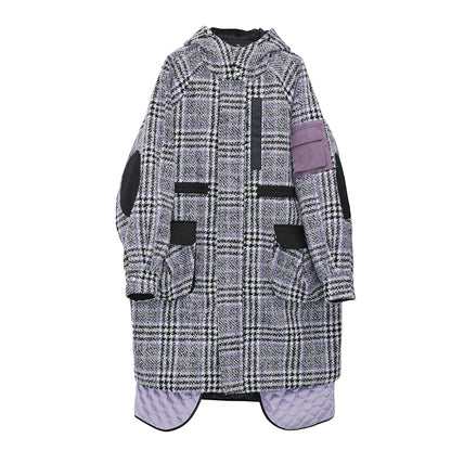 Plaid Woolen Hooded Coat with Cotton Liner D423