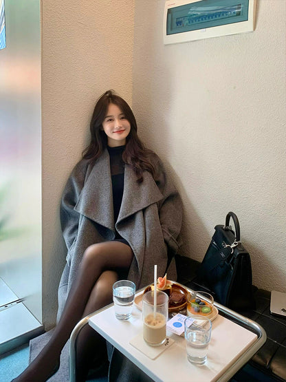 Gray Double-Sided Cashmere Coat – Loose-Fit Long Cloak Wool Jacket