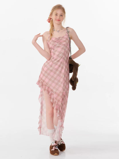 Pink Plaid Camisole Dress | Irregular Slim Fit Summer Design