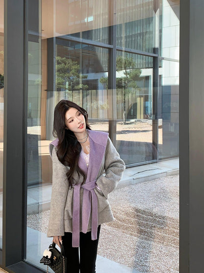 Reversible Cashmere Coat – Petite Lace-Up Woolen Winter Jacket