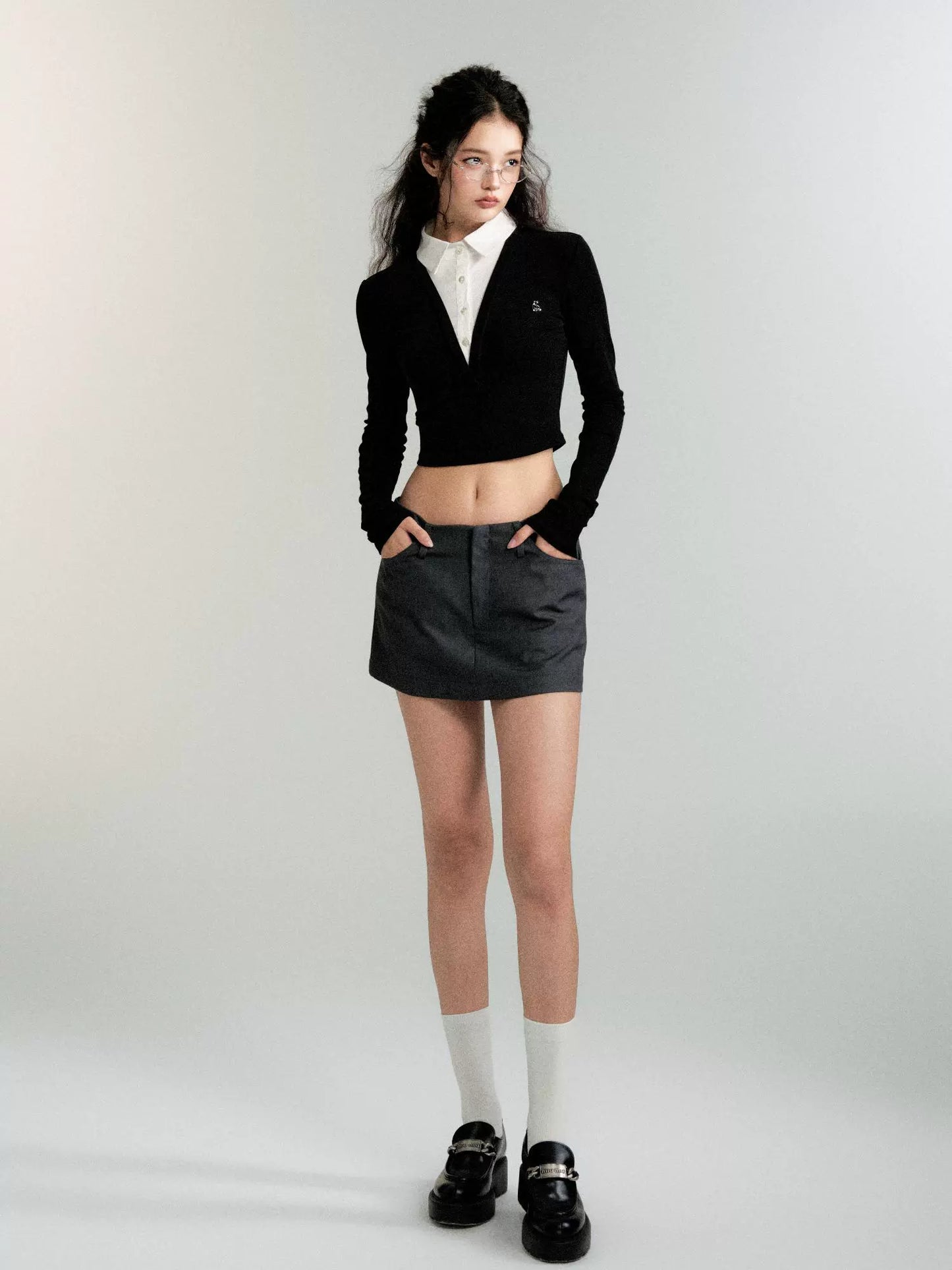 Faux Two-Piece Shirt Collar Slim Knitwear (Office Lady Style)