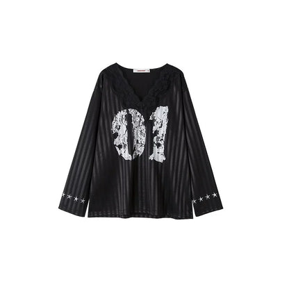 Lace V-Neck Printed Satin Jersey Top – Loose & Slim Fit French Style