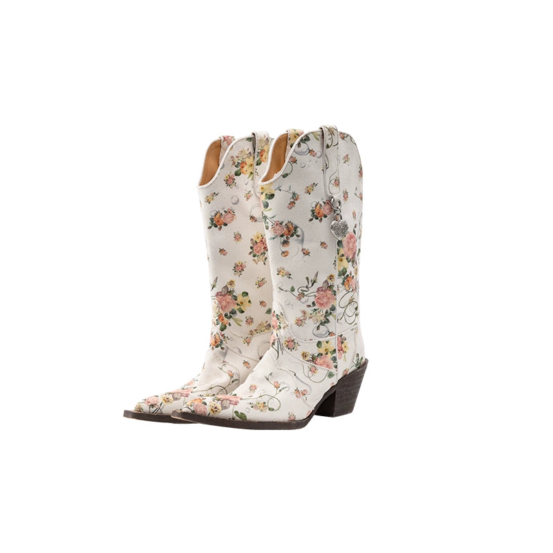Classic V-Cut Floral Embroidered Mid-Calf Knight Boots