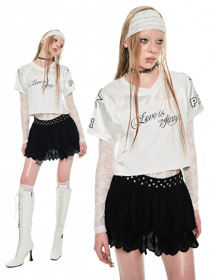 Energetic Girl Patchwork Embroidered Cropped Tennis Jersey