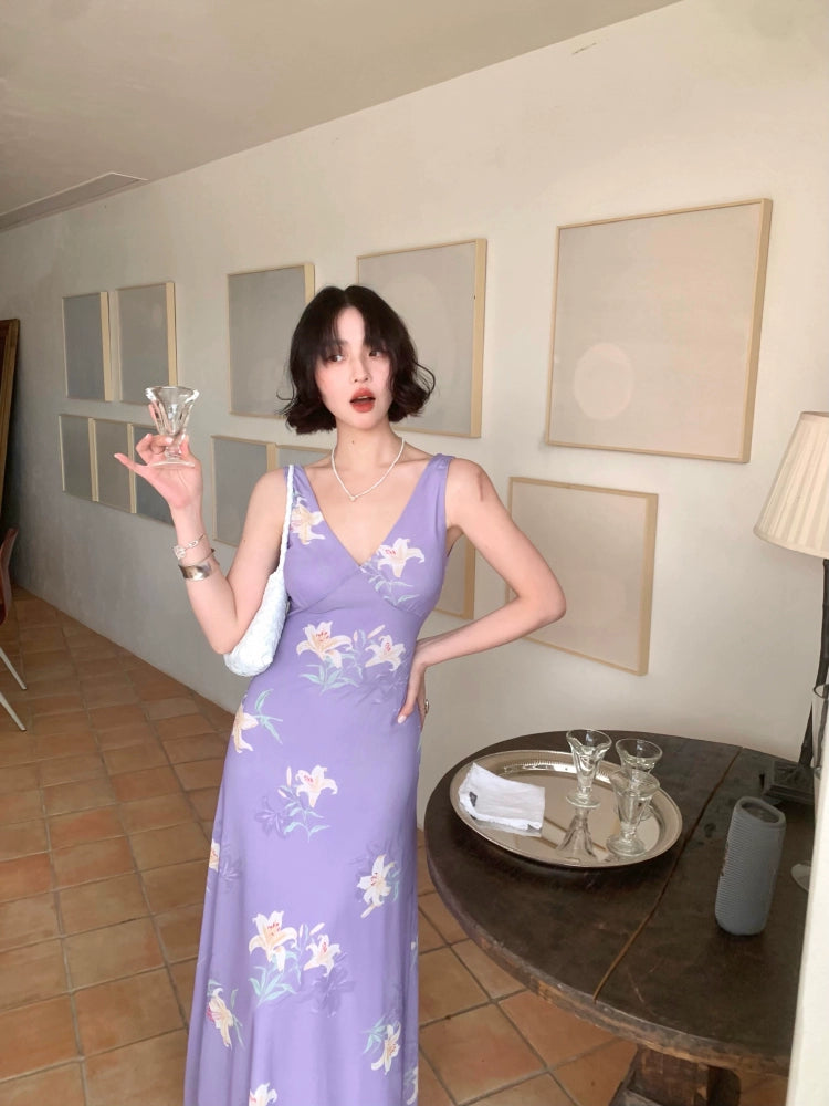 [Yarn Lily] French Vintage Purple Print Slip Maxi Dress