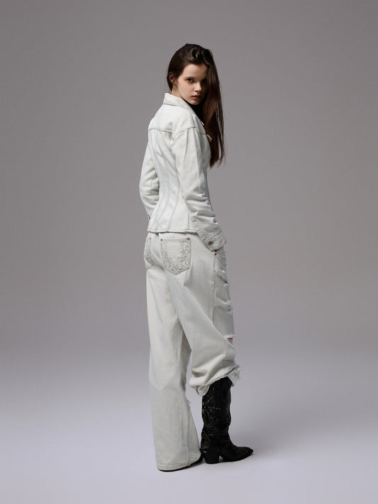 Washed Embroidered Wide-Leg Jeans