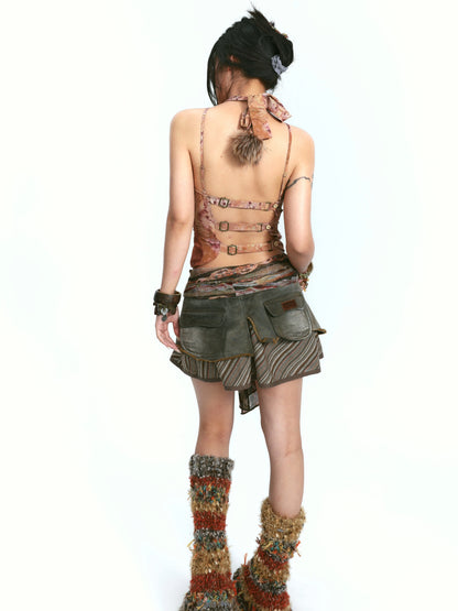 Double-Panel Washed Denim Skirt – Bold Contrast Design