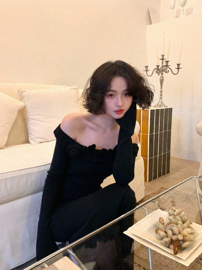 Flower Collar Design Long Knitted Dress (Hibiscus)