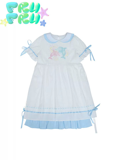 Gollum Store Original Cute Girly Textured White Doll Collar Summer Printed Dress