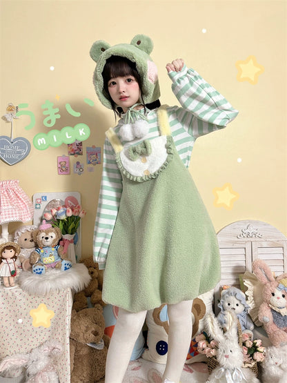 Tian Qu Quack Plush Bud Strap Skirt + Striped Undershirt