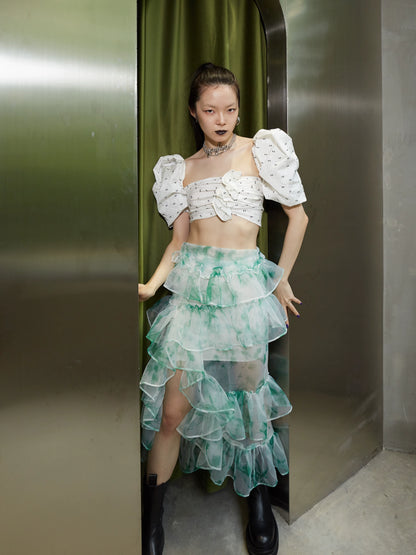 Mint Candy Organza Split Ruffle Edge Skirt