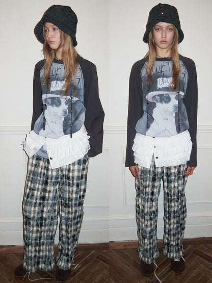 Plaid Ruched Waist Wide-Leg Cargo Pants