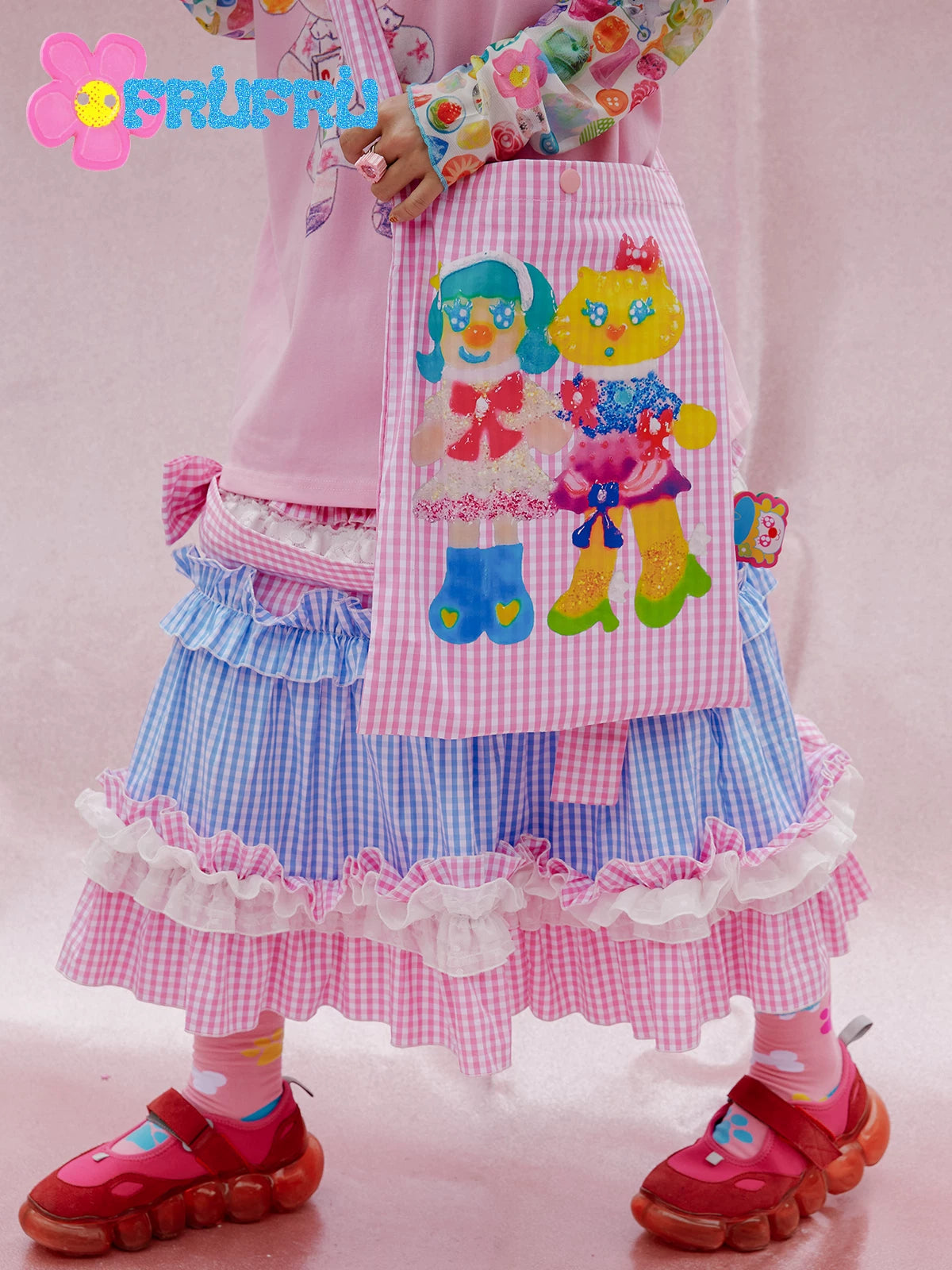 Gollu Store & Happy Collaboration Cartoon Print Pink Plaid Cute Princess Canvas Pouch Girl