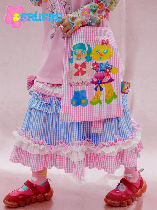 Gollu Store & Happy Collaboration Cartoon Print Pink Plaid Cute Princess Canvas Pouch Girl