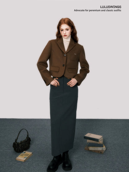 Retro Brown Short Wool Suit Coat - Autumn Maillard