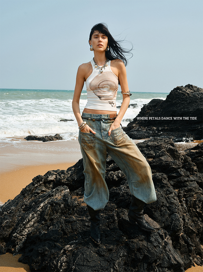 Summer Floral Rhinestone Racer Vest – Slim Fit Sleeveless Top