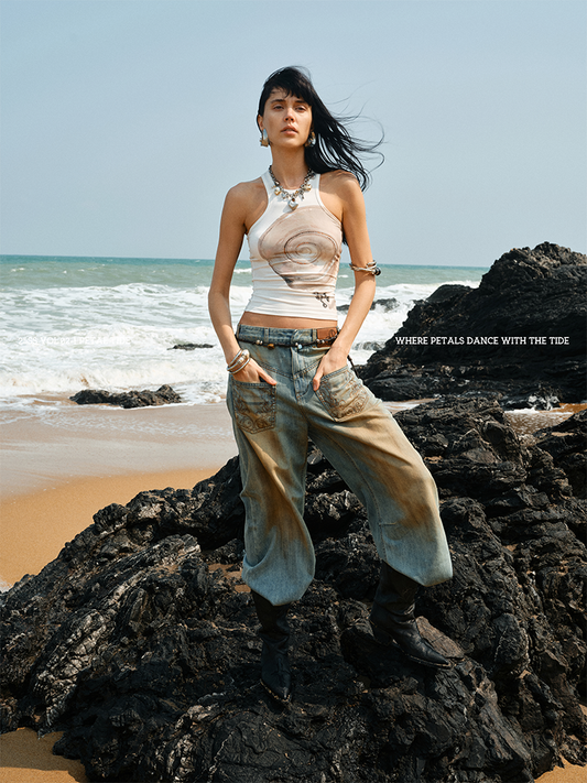 Summer Floral Rhinestone Racer Vest – Slim Fit Sleeveless Top