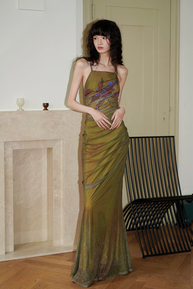 oriental mesh dress Mesh Oriental Print Column Dress