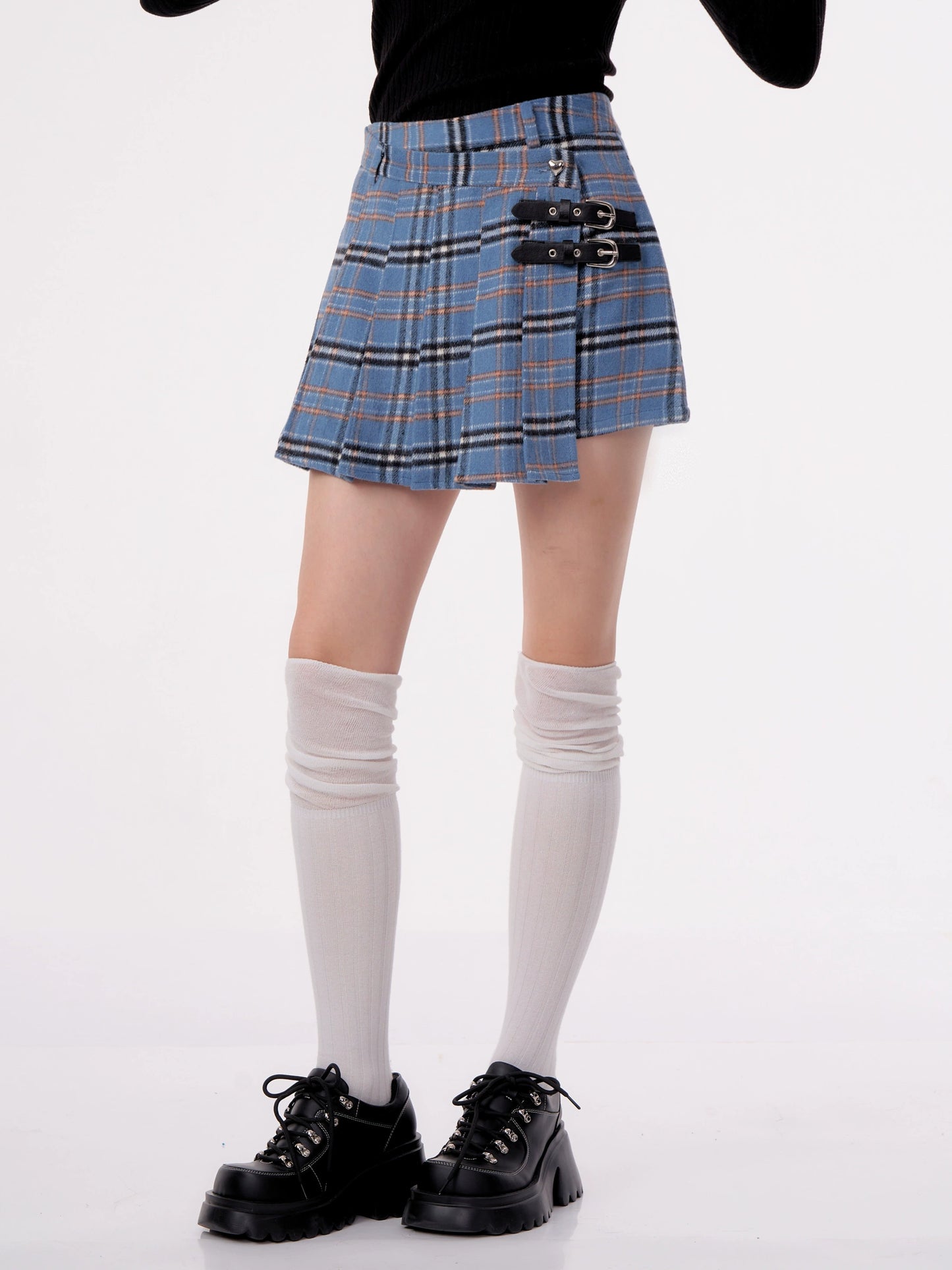 Blue Checkered Pleated Wool Skirt | High Waist Irregular Design for Autumn/Winter