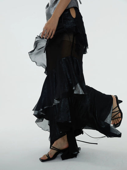 Black Fairy Irregular Spliced Open Leg Heavyweight Skirt