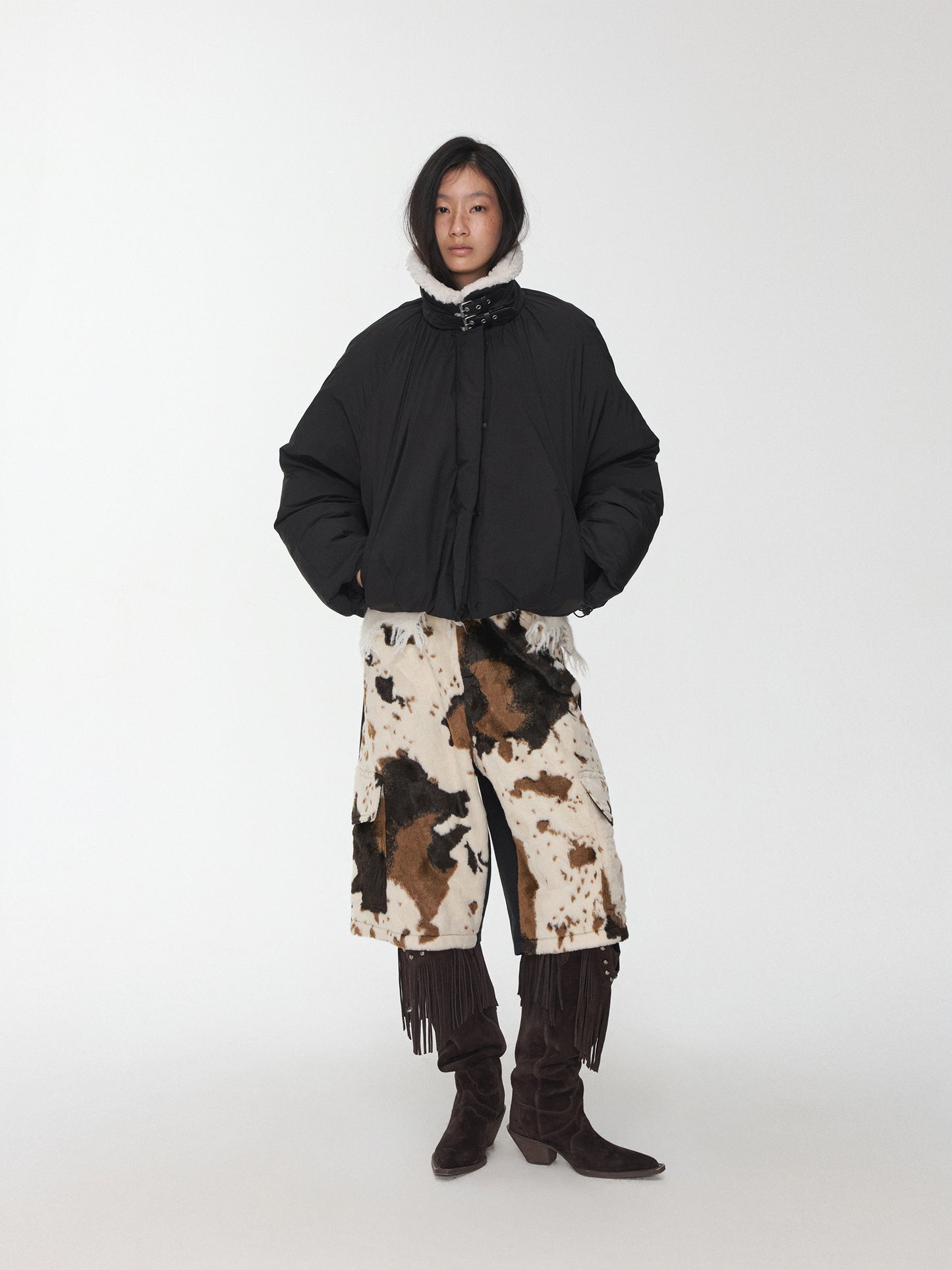 Cow Print Faux Fur Shorts