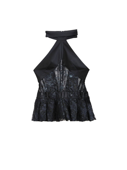 Dark Sexy Lace Sequin Pleated Hem Top