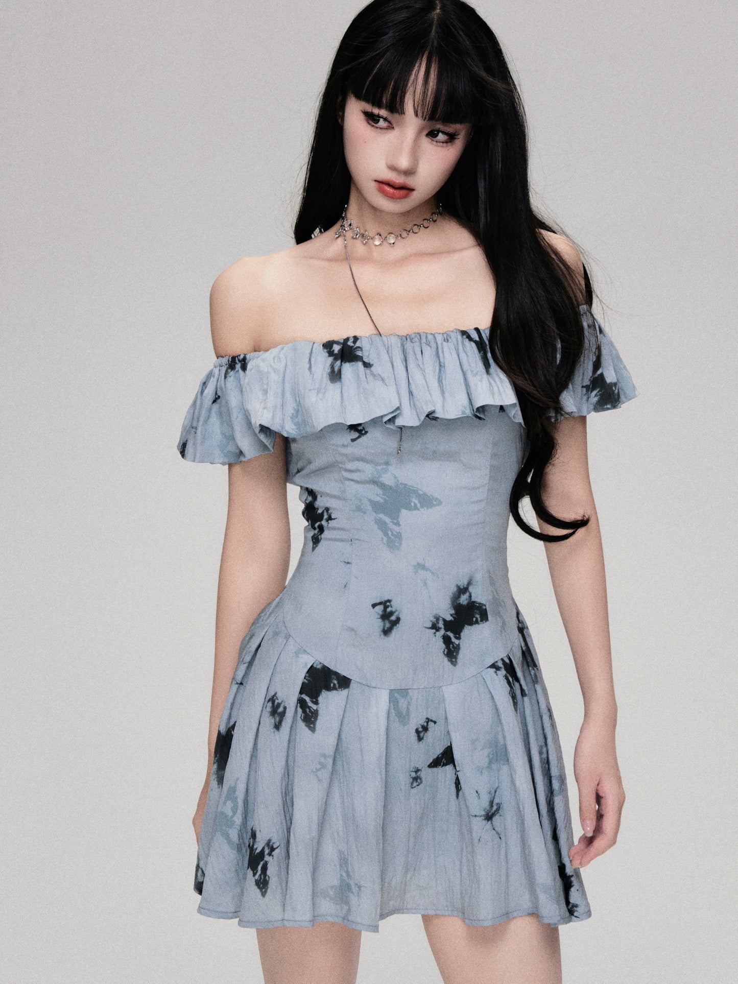 Aqua Blue One-Shoulder Butterfly Print Vintage Dress