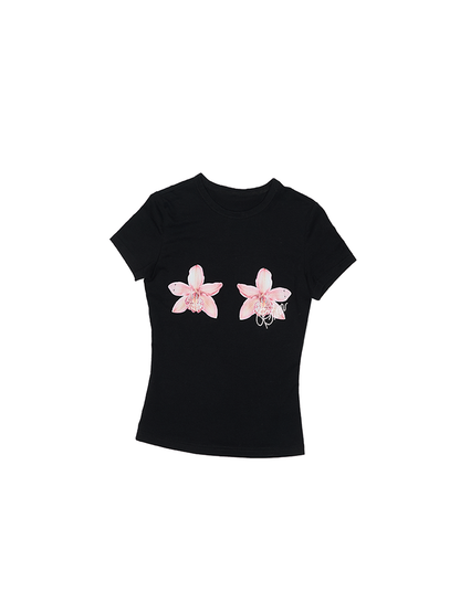 Floral Rhinestone Short Sleeve T-Shirt – Slim Stretch Shoulder Fit