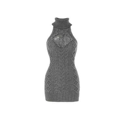 High-Neck Knit Vest Dress – Cinched Waist Lace Fall Sweater