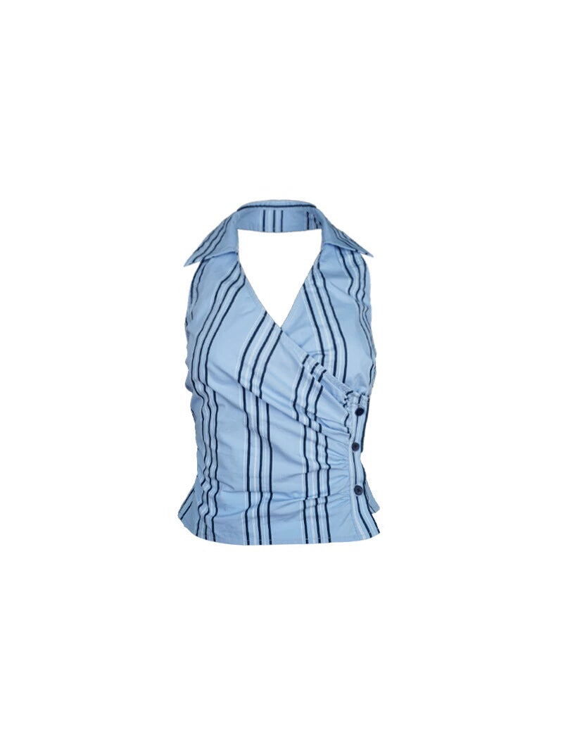 Lapel Wrap Striped Sleeveless Top