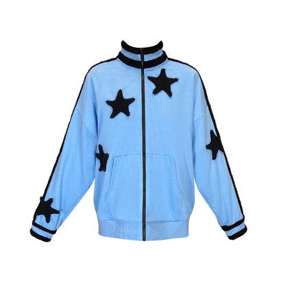 Blue Contrast Sweater Coat with Five Point Star Decoration