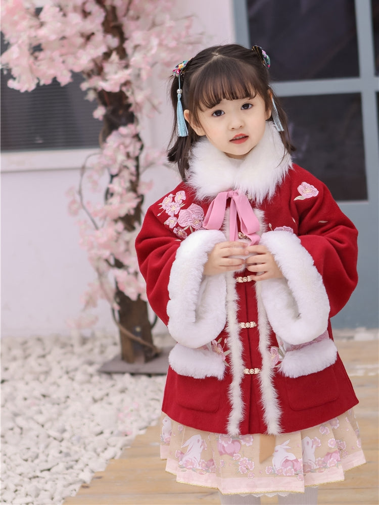 Peach Blossom Rabbit Woolen Children's Jacket + Skirt Set