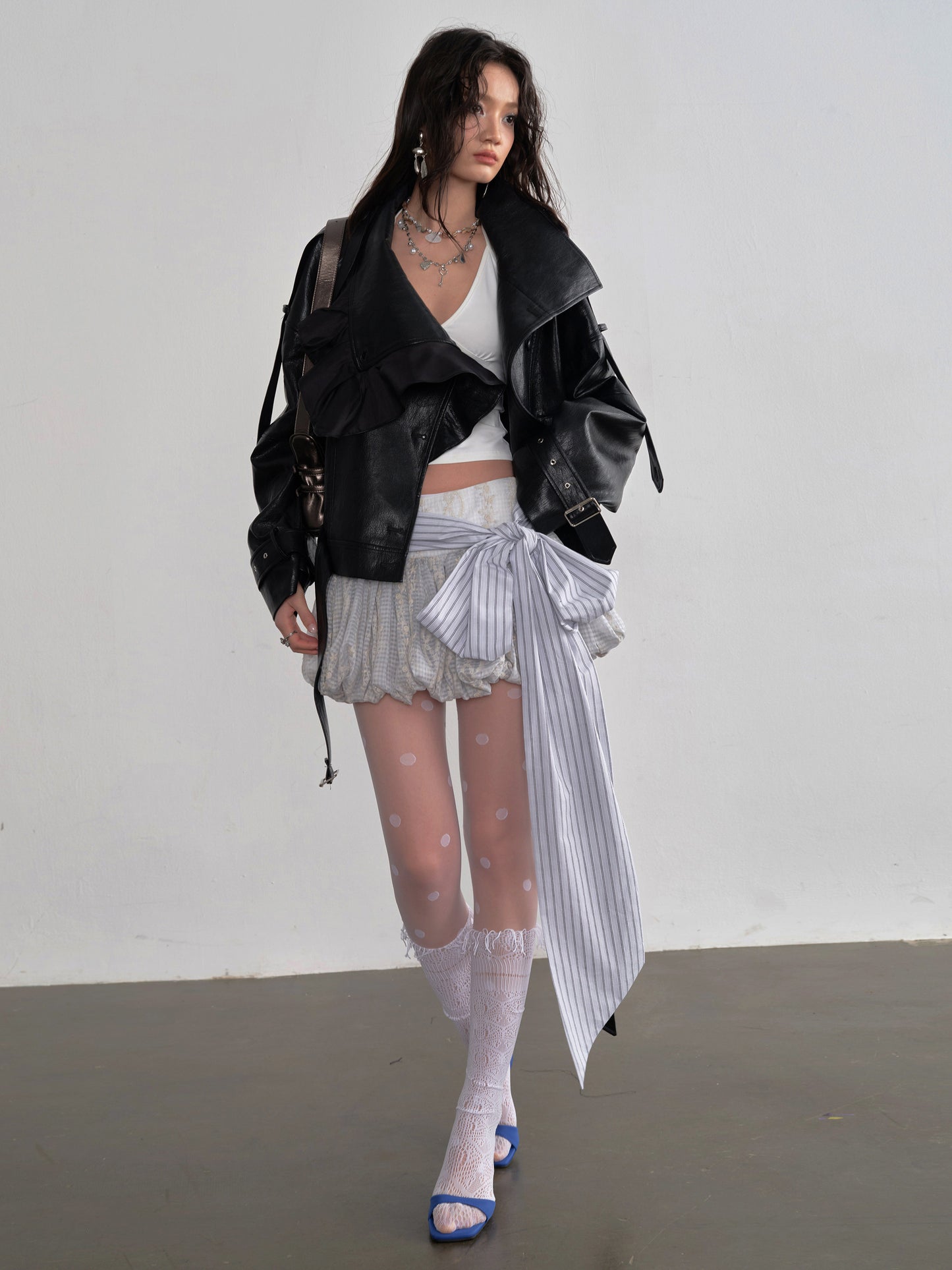 Ruffle Collar Faux Leather Jacket | Chic PU Moto Jacket