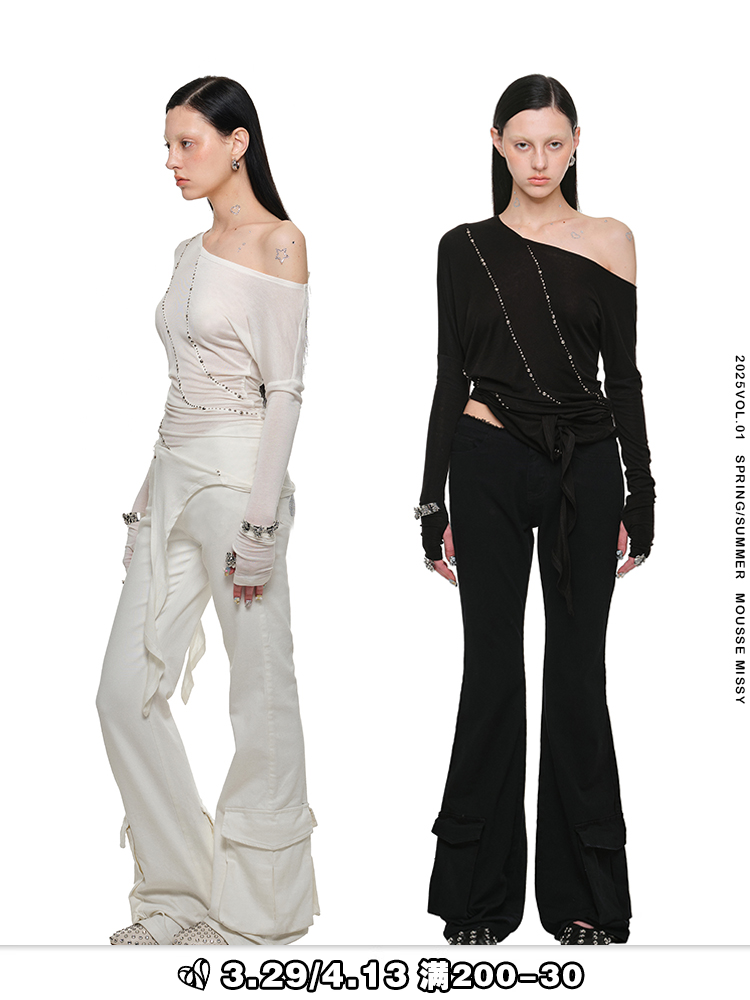 Rivet Slant-Shoulder Knit Top – Diamond Detail Irregular Style